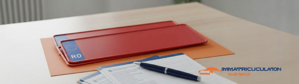 Plaques d'immatriculation roumaines neuves sur un bureau avec formulaires.