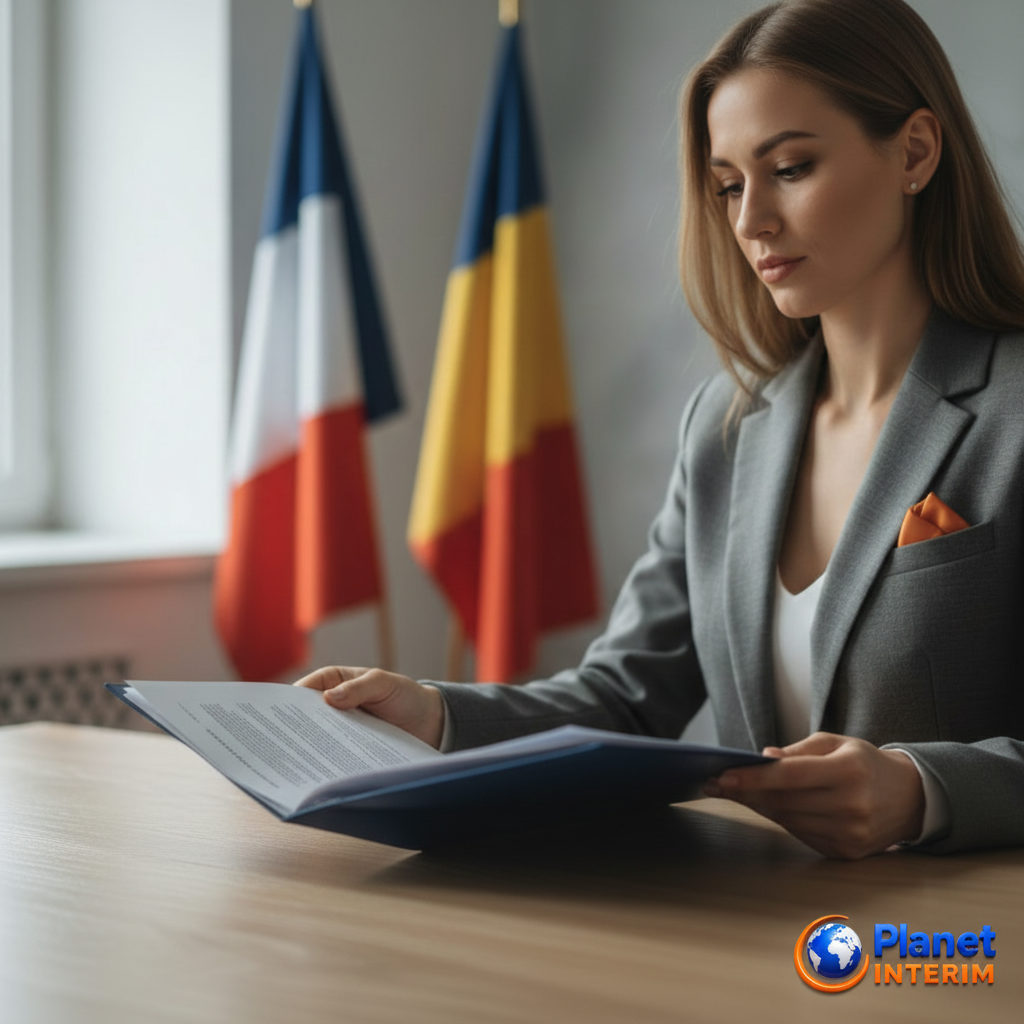 Drapeaux français et roumain symbolisant la coopération de recrutement.