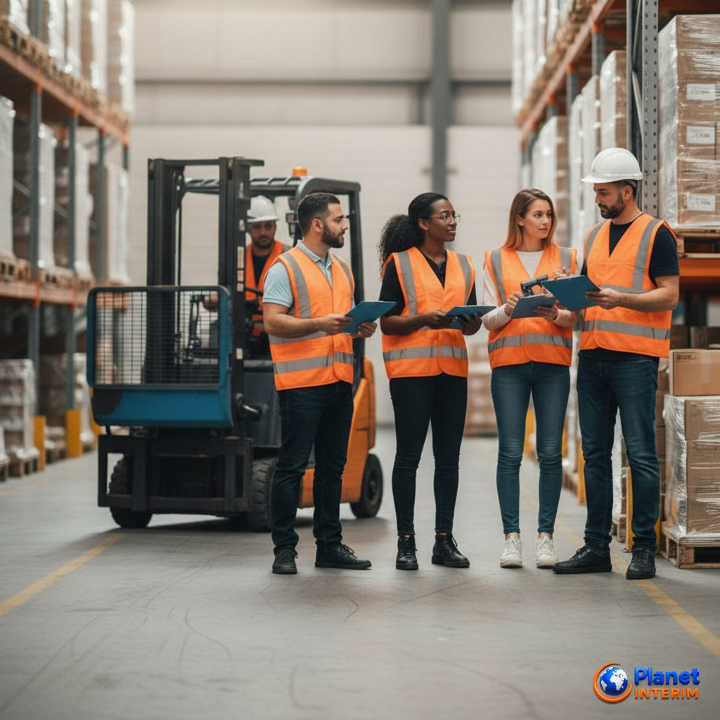 Équipe diversifiée travaillant efficacement dans un entrepôt moderne en France.