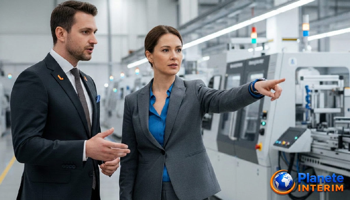 Consultant et directeur d'usine devant une ligne de production.