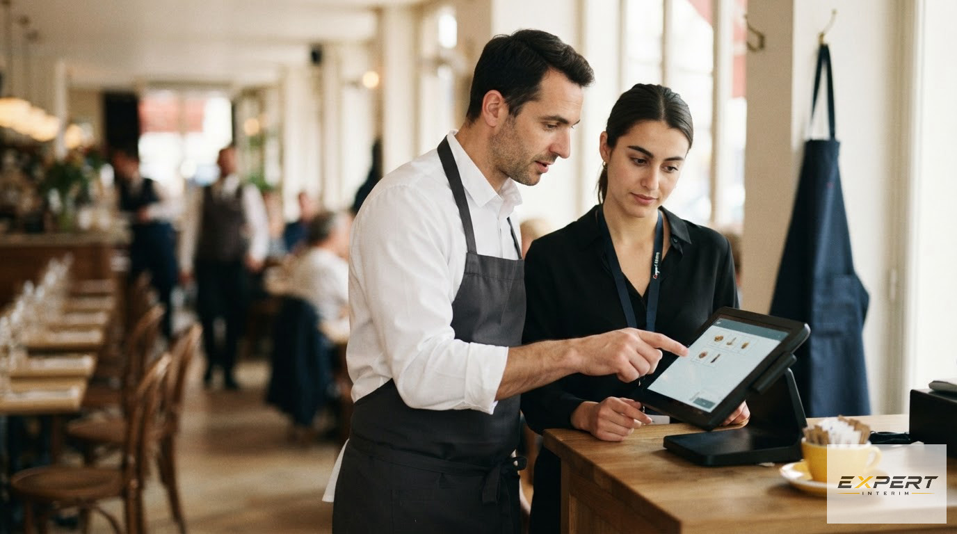 Un chef de rang forme un intérimaire sur le terminal de commande.