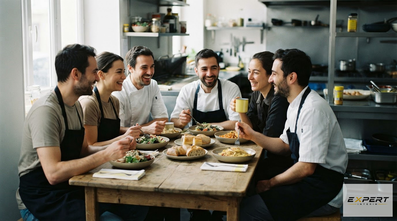 L'équipe du restaurant partage un repas convivial avec le nouvel intérimaire.
