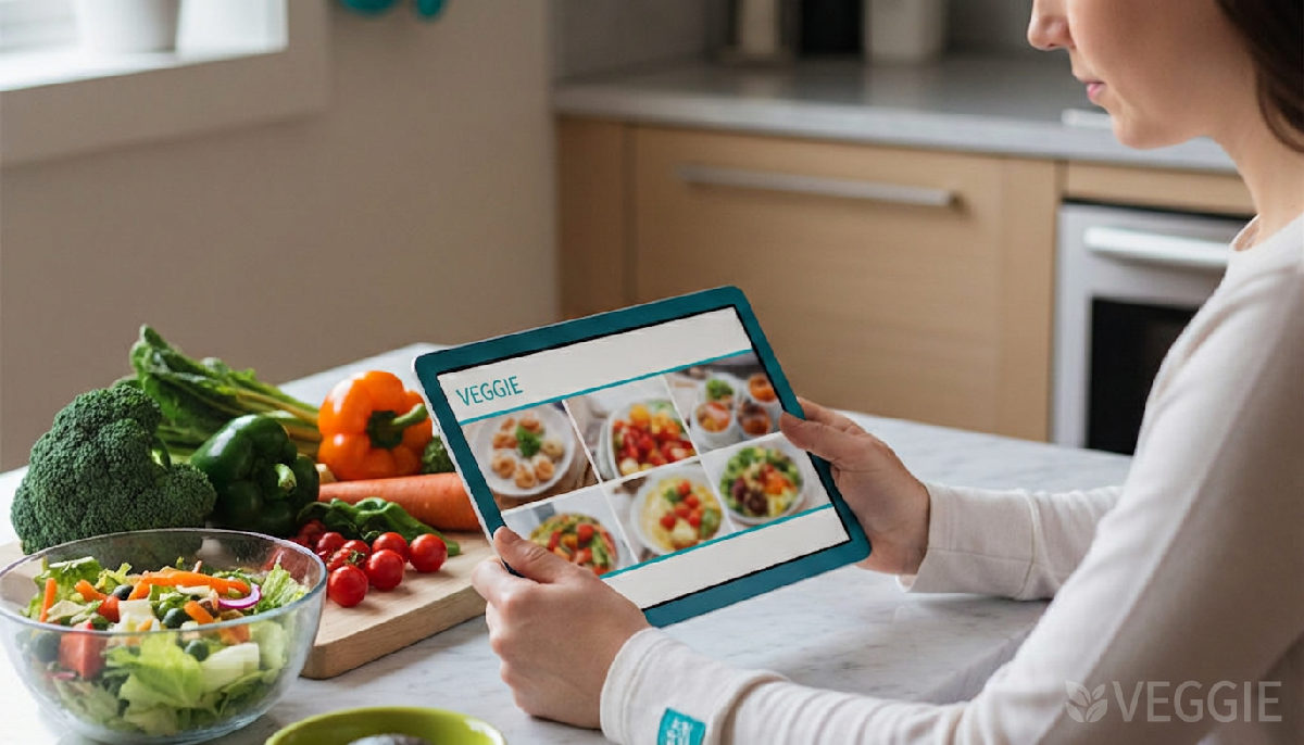 gotowa dieta czy ebook z przepisami - Osoba przegląda przepisy na tablecie wśród warzyw.