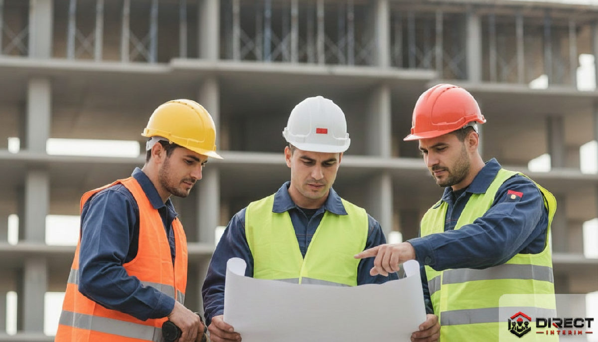 Ouvriers qualifiés travaillant en équipe sur un chantier.
