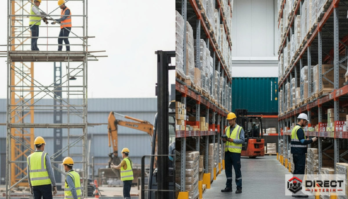 Chantier de construction et entrepôt logistique dynamiques grâce au recrutement.