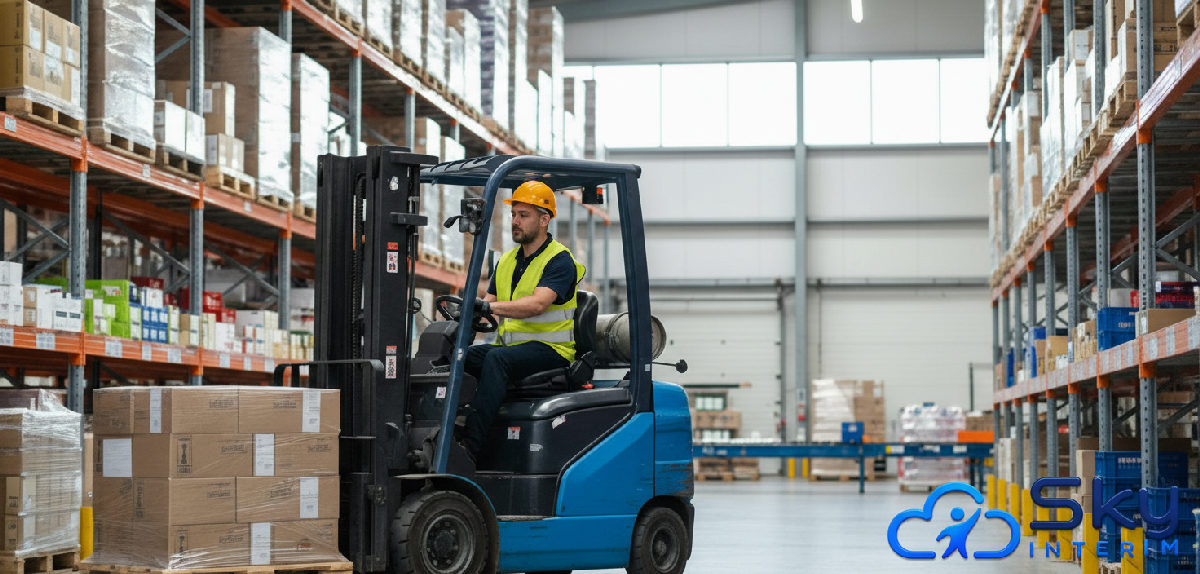 Cariste roumain dans un entrepôt logistique moderne en France.
