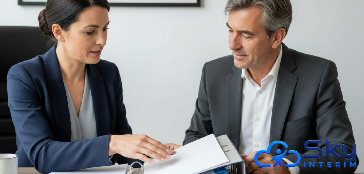 Consultant en RH présentant des documents de conformité à un chef d'entreprise.