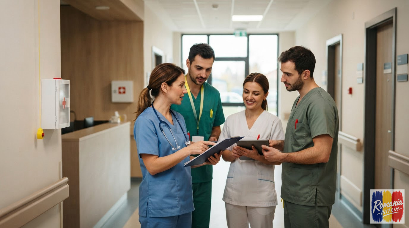 Soignants français et roumains collaborant efficacement dans un couloir d'hôpital moderne.