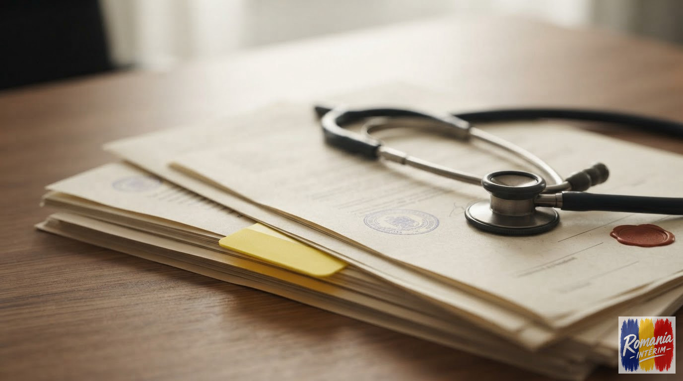 Stéthoscope et documents officiels illustrant la rigueur du recrutement médical international.