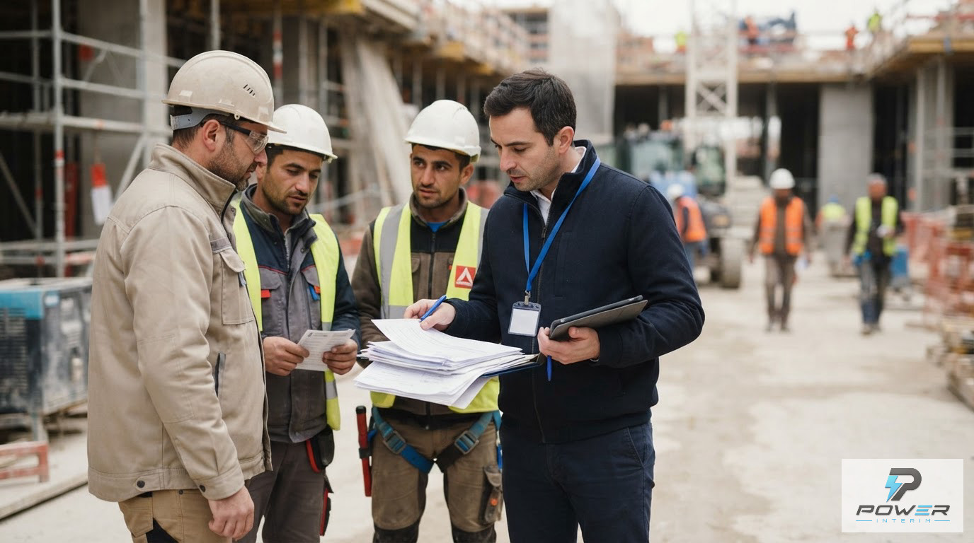 Un inspecteur contrôlant les documents administratifs de travailleurs détachés sur un chantier.