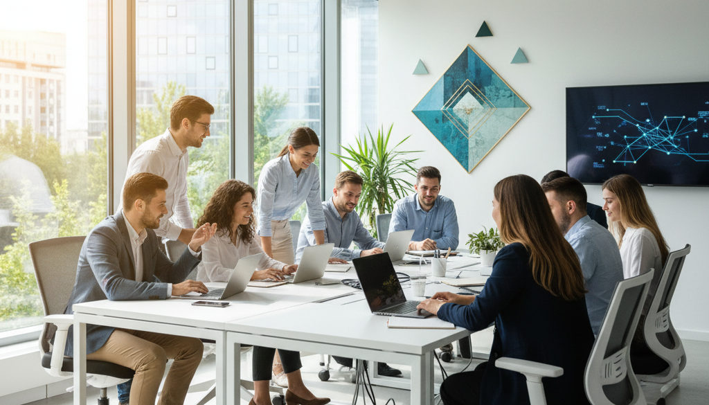 marché du travail roumain avantages – Jeunes professionnels travaillant ensemble dans un bureau lumineux.