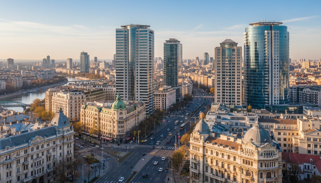 Quartier d'affaires de Bucarest, mélange ancien et moderne.