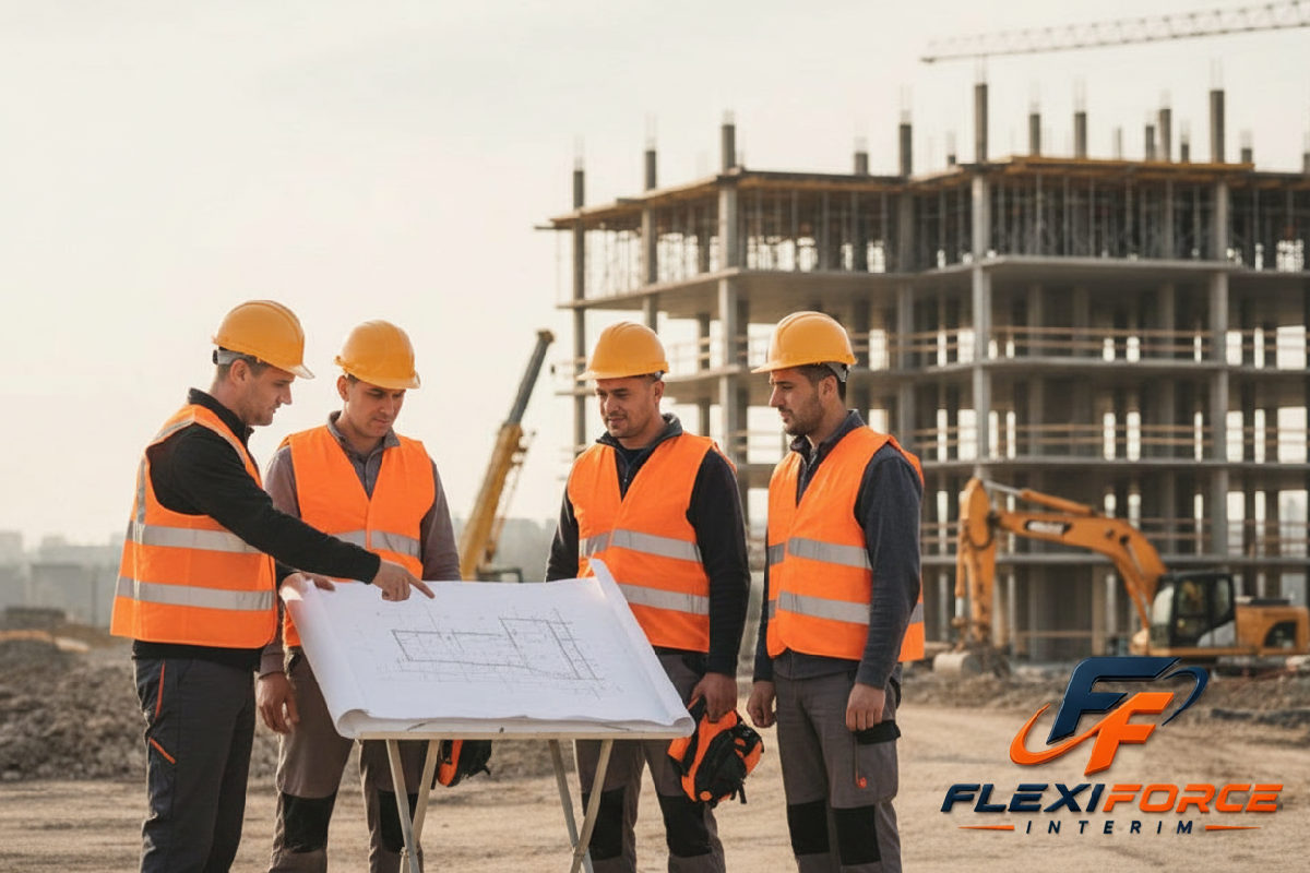 préparer arrivée ouvriers roumains chantier - Chef de chantier accueillant des ouvriers sur un plan de construction.