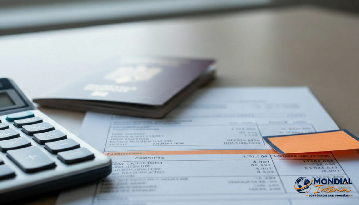 Bulletin de paie français montrant un 'Acompte' avec passeport roumain en arrière-plan.