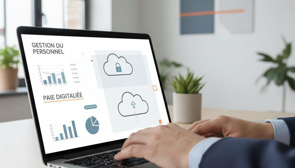 Digitalisation de la gestion du personnel : paie et cloud sur ordinateur portable.