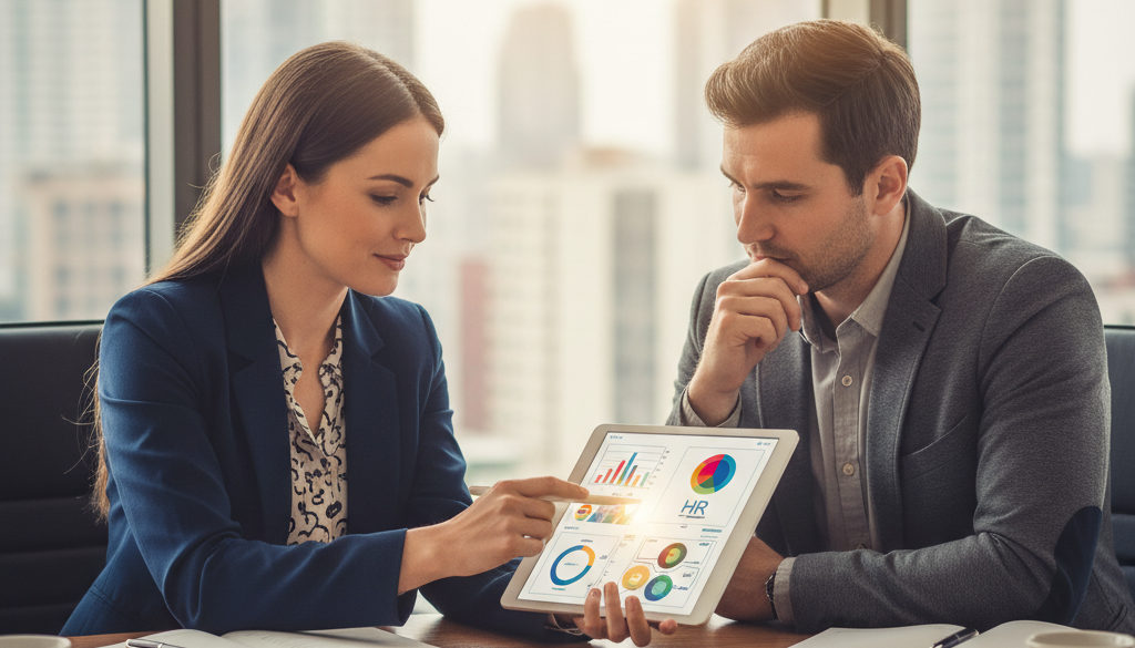 externalisation rh pme guide – Consultants et dirigeant discutant stratégie RH sur une tablette.