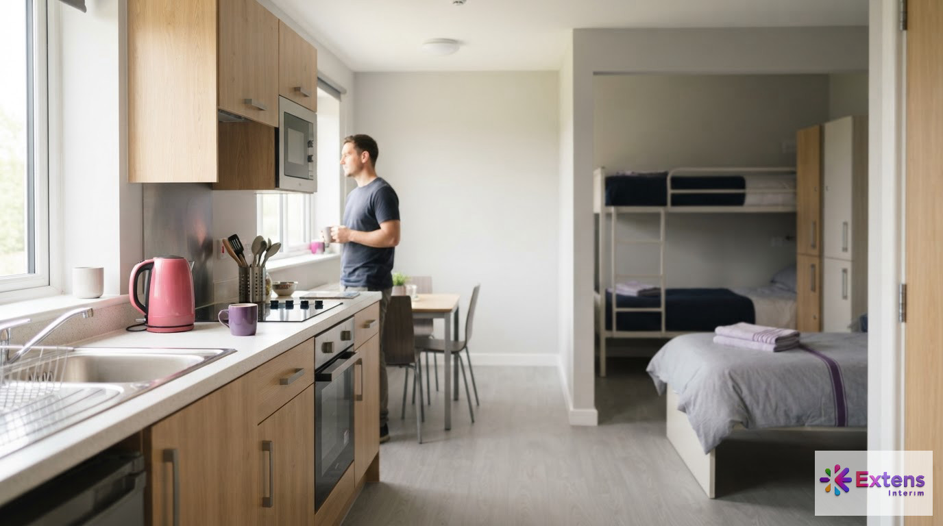 Un logement moderne et confortable pour les travailleurs détachés sur un chantier.