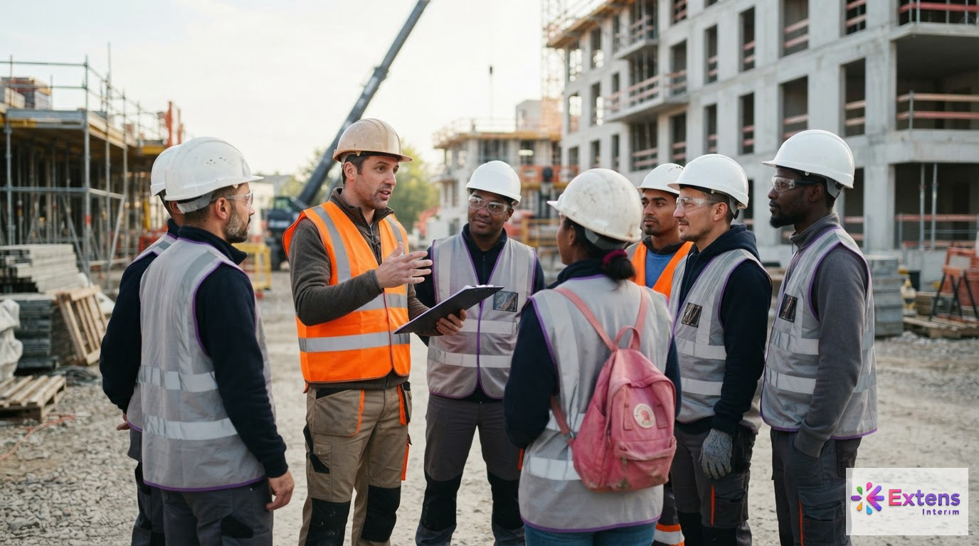 Briefing de sécurité matinal avec une équipe mixte franco-roumaine sur le chantier.