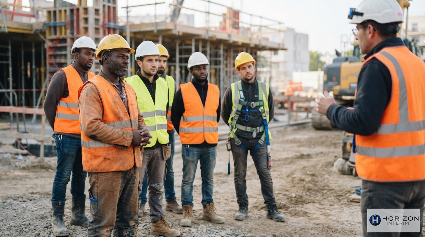 Ouvriers en équipements de sécurité lors d'une réunion de chantier matinale.