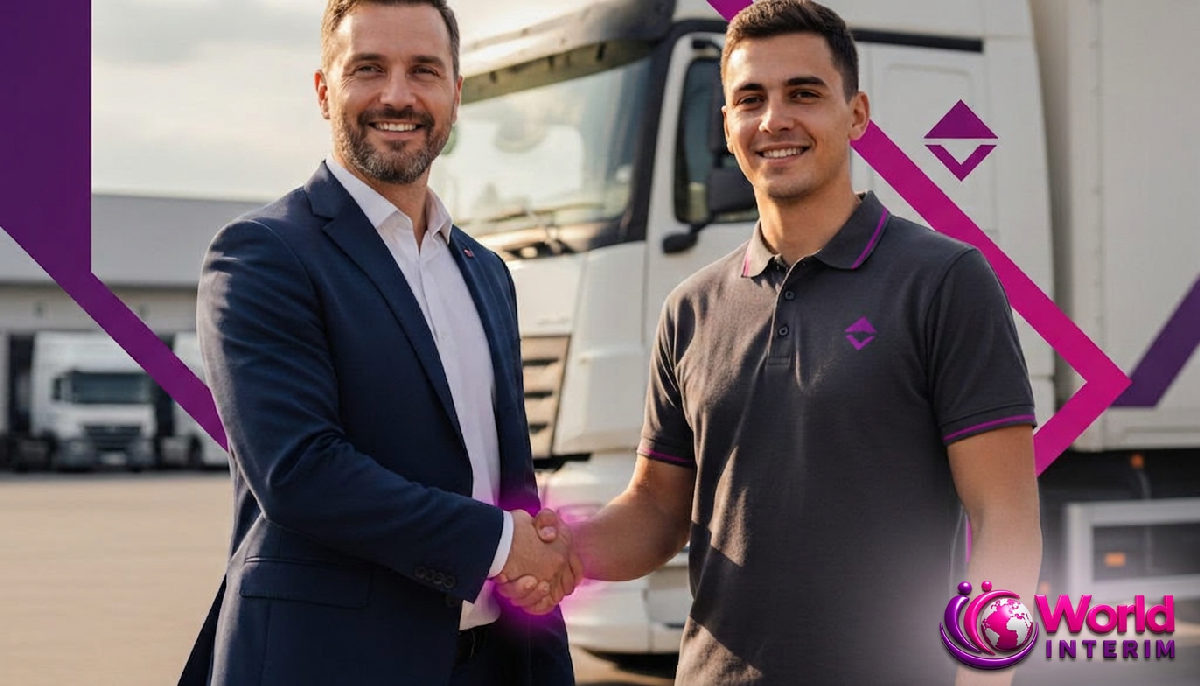 Manager saluant un employé roumain devant un camion de livraison.