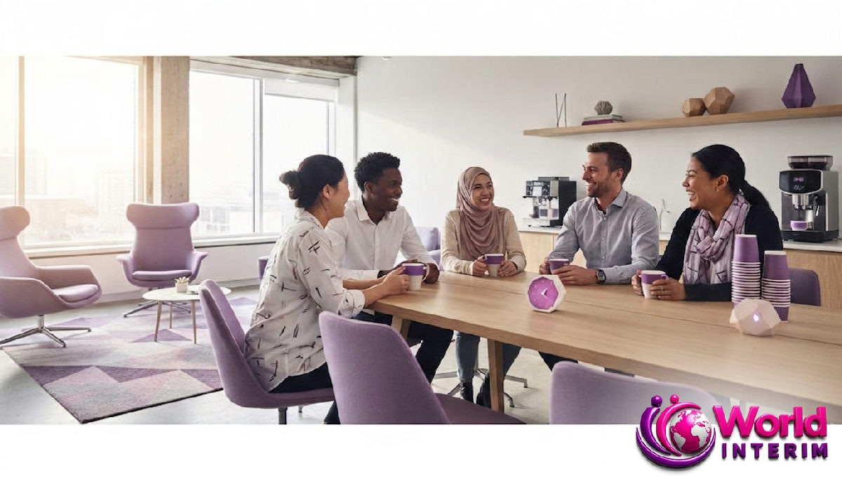 Équipe multiculturelle discutant dans une salle de pause d'entreprise.