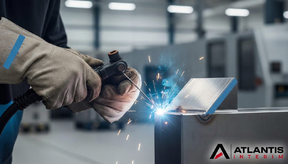 Mains d'un soudeur expert en action dans une usine moderne.