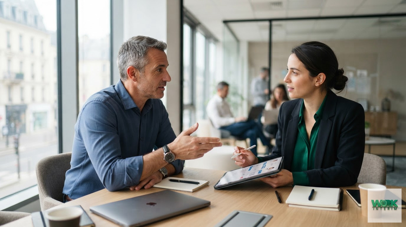 Un gestionnaire et un consultant en recrutement discutant dans un bureau.
