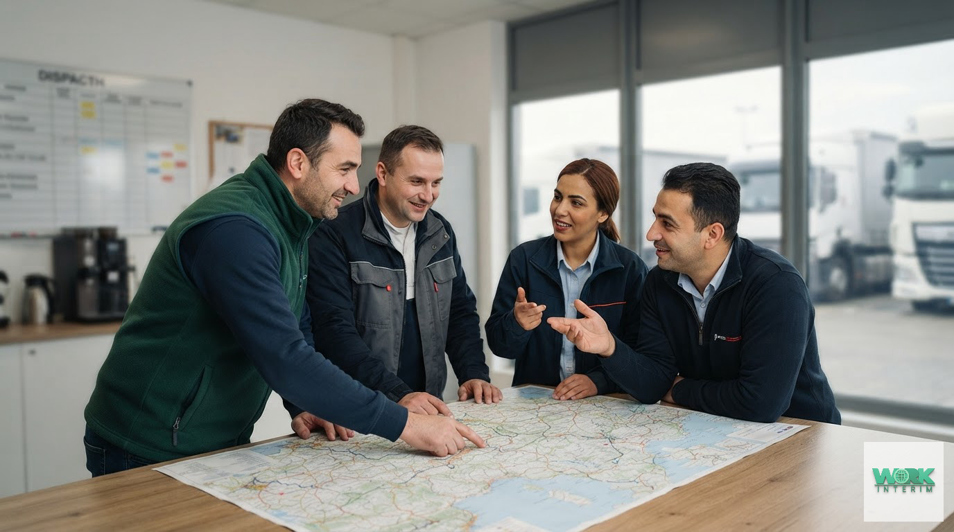 Des chauffeurs de différentes nationalités échangeant autour d'une carte routière.