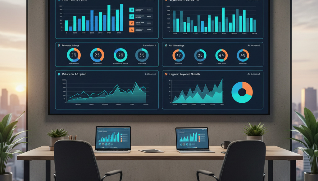 Office analytics screen displaying multilingual marketing performance metrics.