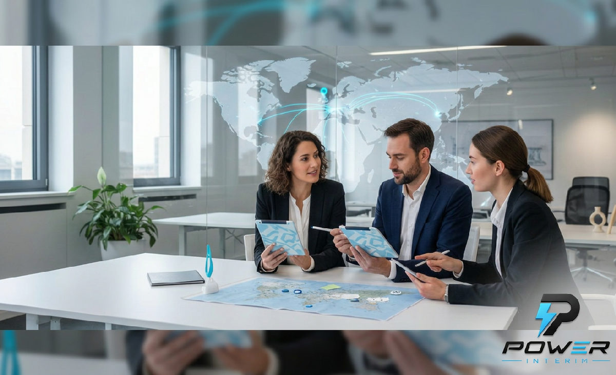 Consultants RH planifiant l'expansion internationale avec des cartes et des tablettes.