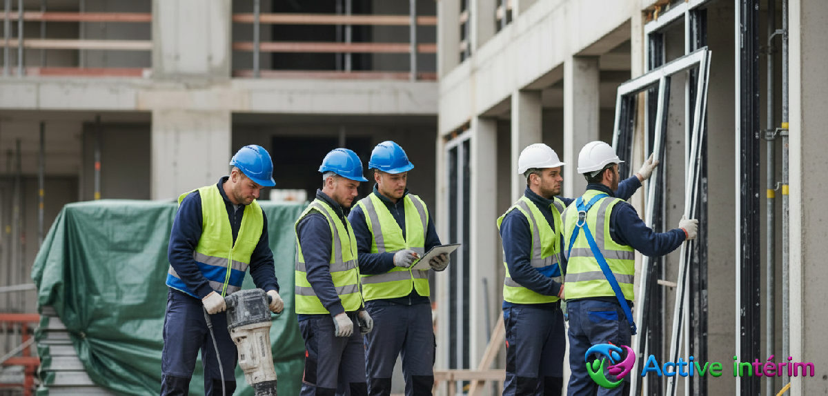 Travailleurs roumains qualifiés sur un chantier français en haute visibilité.