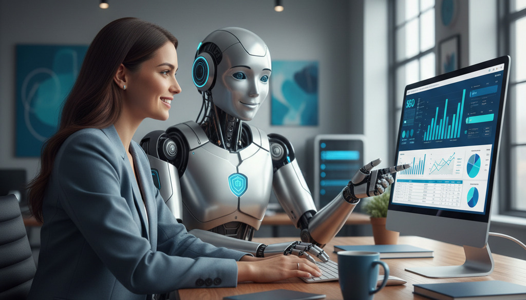 Robot and human collaborate on SEO analytics for website growth.