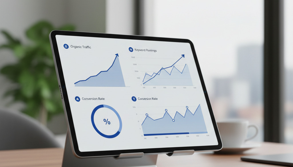 Tablet displays rising organic traffic, keyword rankings, and conversion rates.