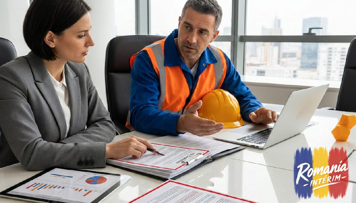 démarches administratives détachement Roumanie - Un chef de chantier et un consultant juridique examinant des documents.