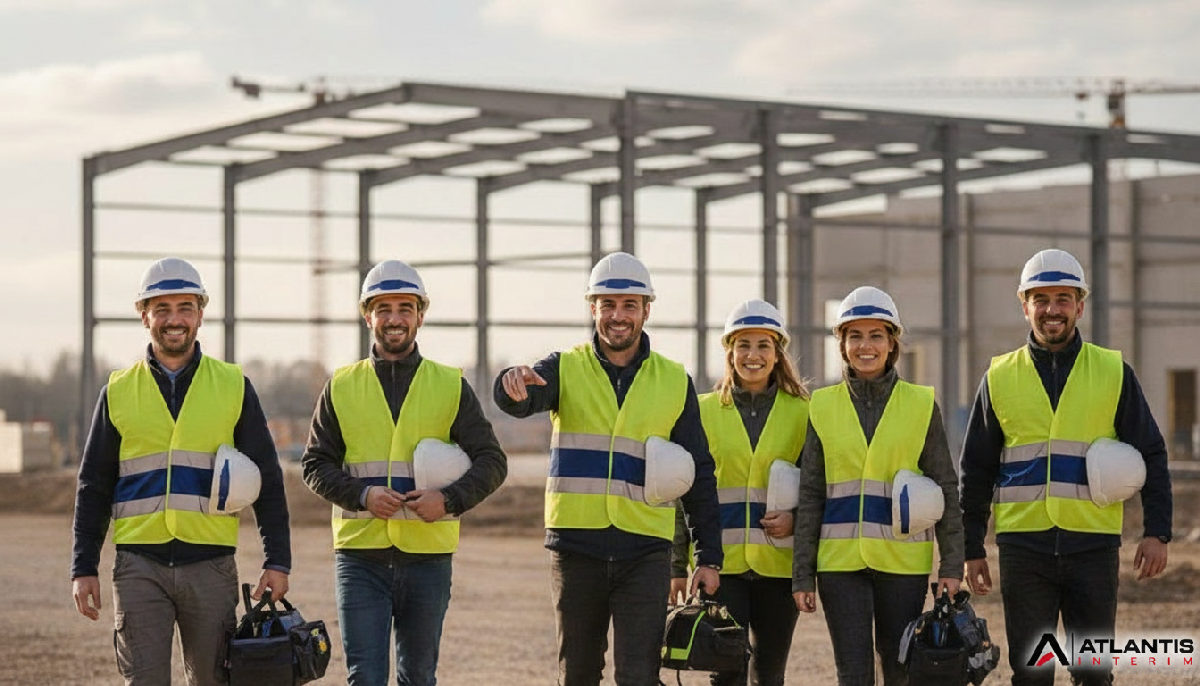 Ouvriers roumains souriants arrivant sur un chantier en France.