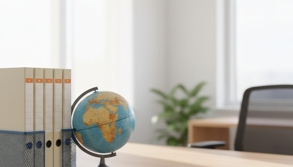 Bureau RH international : administration et dossiers organisés.