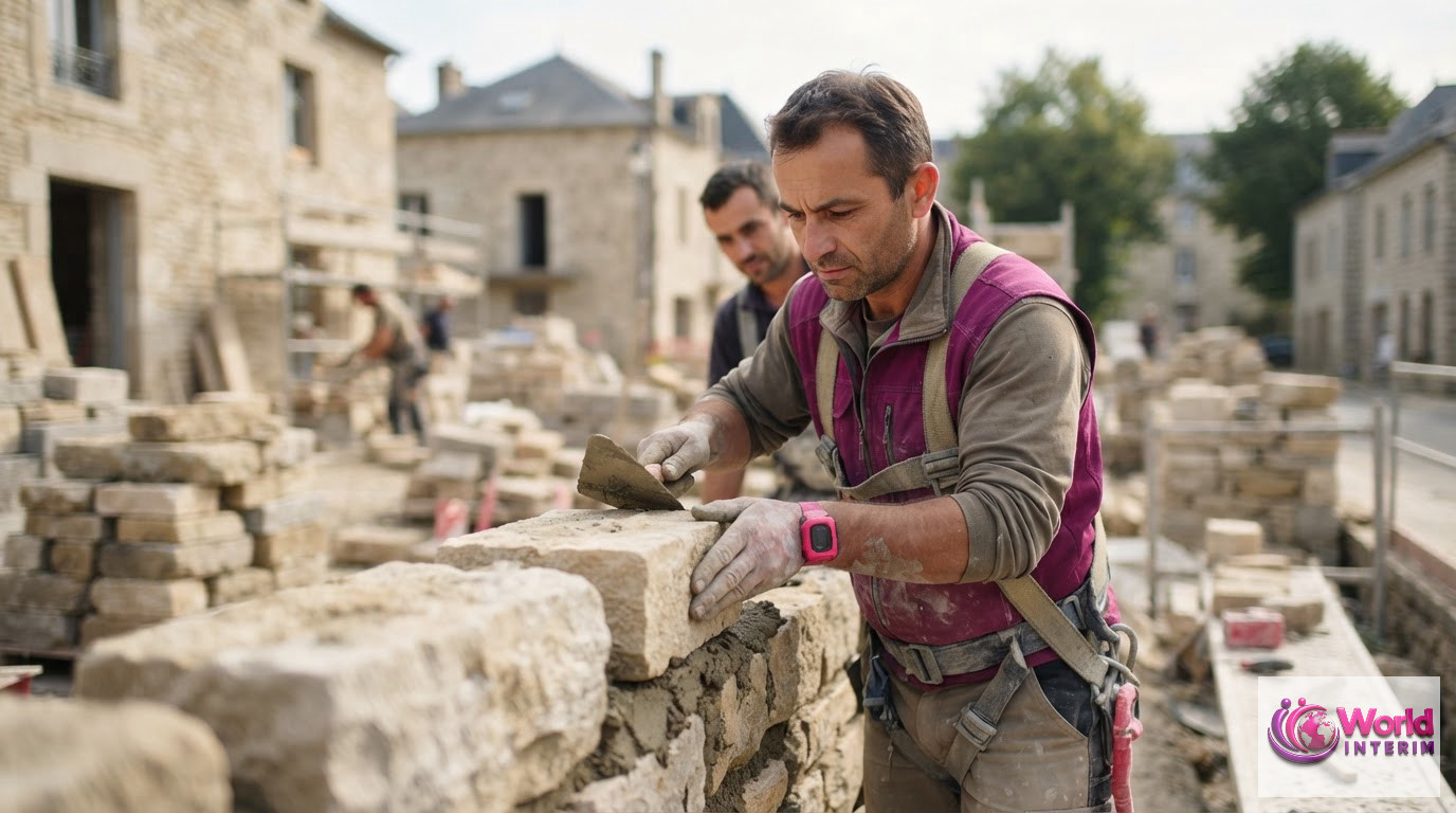 Un responsable d'agence présentant des contrats de travail à des maçons spécialisés.