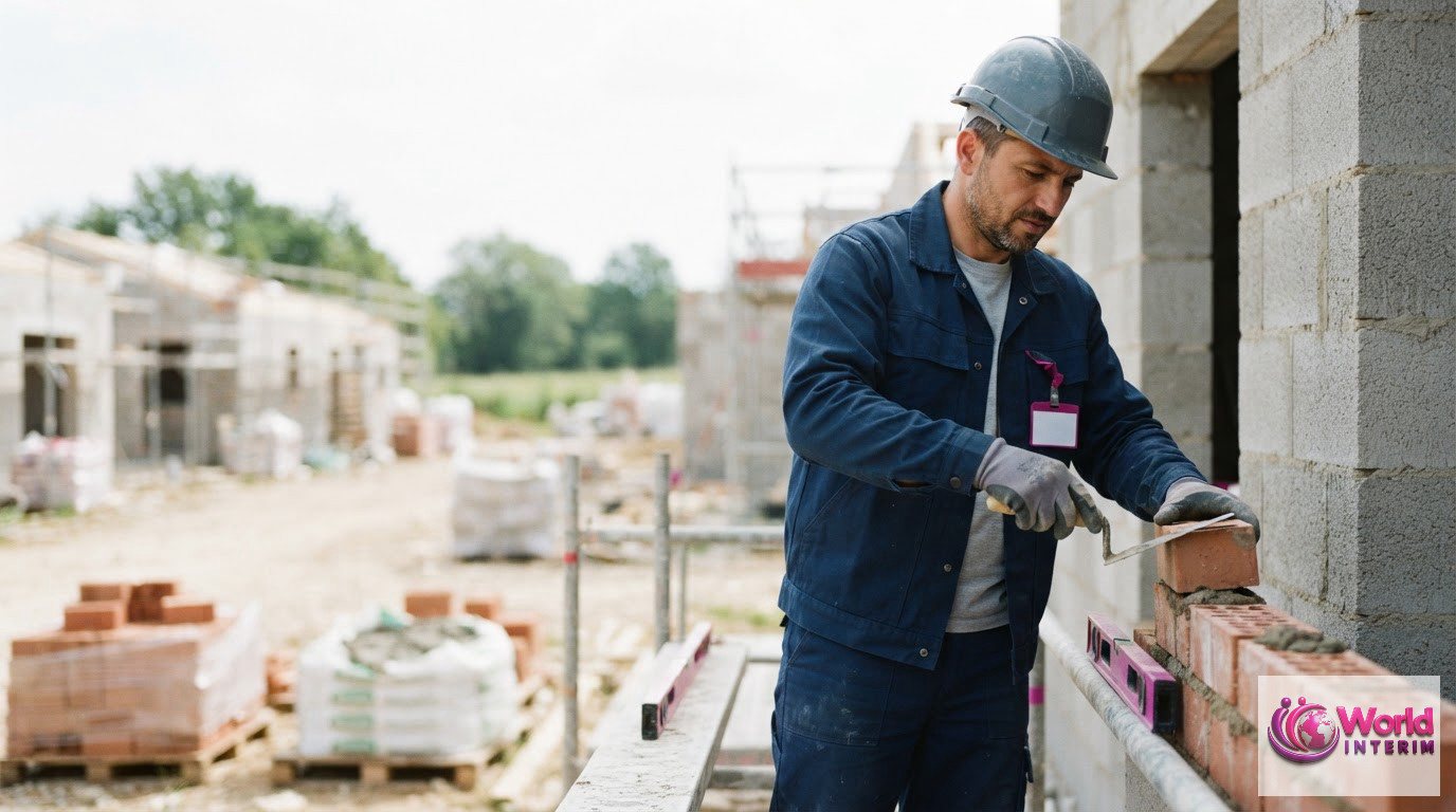Des maçons professionnels équipés sur un chantier en pleine activité.